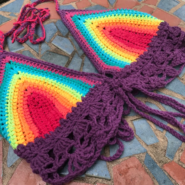 Rainbow Bikini Crochet Festival Halter Top, Crochet Bikini Top, Rainbow Crochet Top - Crochet Pattern