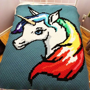 Könnte beinhalten: Eine gehäkelte Decke mit einem Einhorn mit einer Regenbogenmähne und einem Regenbogen-Schwanz. Das Einhorn ist weiß mit einer blauen und violetten Mähne und einem gelben Horn. Der Hintergrund ist blaugrün.