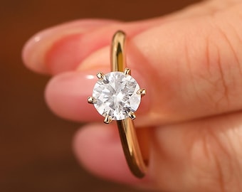 Solitaire Round Cut 1CT Moissanite Ring, Classic Style Ring, 6 Prongs Ring, 14k White Gold Engagement Ring, Wedding Promise Moissanite Ring