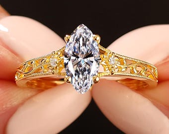 Marquise Cut Lab Diamond 14K Solid Gold Engagement Ring, IGI Certified Stone