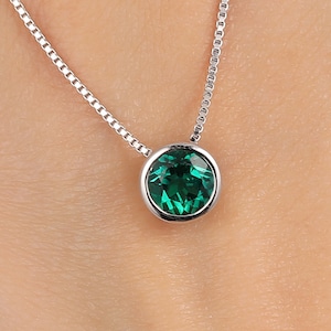 Round Cut 1CT Emerald Bezel Pendant, Emerald Pendant Necklace, Green Gemstone Pendant 14k White Gold Necklace Chain, Emerald Necklace
