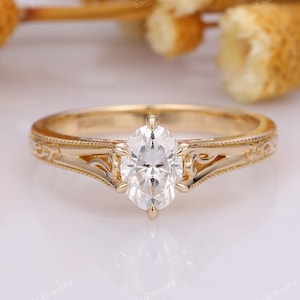 Art Deco Filigree Oval Moissanite Solitaire Ring, Vintage 1CT Oval Moissanite Engagement Ring For Women, 14K Yellow Gold Anniversary Ring