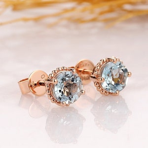 Aquamarine Earrings, 14k Solid Rose Gold Earring Studs, 0.6CT Natural Aquamarine Earring Studs, Women's Jewelry, Anniversary Gift For Her