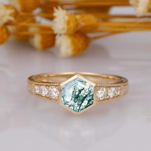 Vintage Bezel Setting Moss Agate Ring, Solid Yellow Gold Moissanite Ring, Hexagon Cut Moss Agate Engagement Ring, Anniversary Gift Women