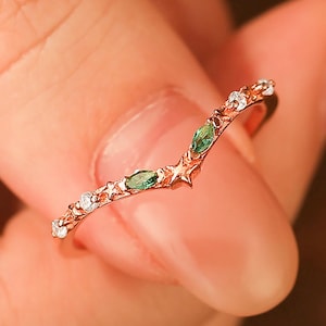 Marquise Cut Emerald Wedding Band, May Birthstone Stackable Matching Band, Promise Ring Anniversary Gift For Her, Star Stacking Ring