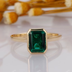 Unique May Birthstone Ring, 3CT Emerald Cut Emerald Engagement Ring, Bezel Set Emerald Anniversary Ring For Women, Vintage Solitaire Ring