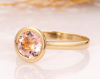 Yellow Gold Natural Morganite Ring, Bezel Setting 1.5CT Round Morganite Engagement Ring, Promise Ring For Lover, Anniversary Gift for Her