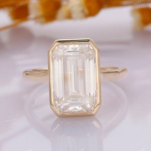 Elongated 5CT Emerald Cut Brilliant Moissanite Solitaire Ring, Bezel Set Bridal Anniversary Ring, Wedding Proposal Ring, Yellow Gold Ring