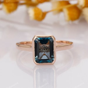 Pierścionek zaręczynowy AAA London Blue Topaz, obrączka ślubna z oprawą 6 x 8 mm Emerald Cut Topaz Bridal, pierścionek Art Deco Solitaire, prezenty rocznicowe