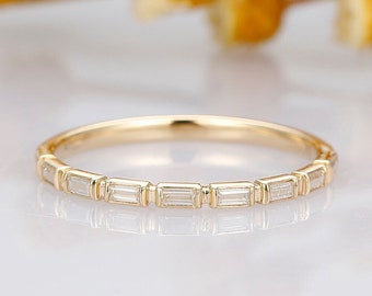 Gold Minimalist Ring, Low Profile Baguette Moissanite Bridal Ring, Dainty Baguette Stacking Ring, Brilliant Moissanite Wedding Band For Her