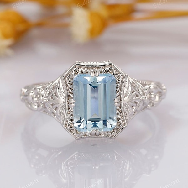 Emerald Cut 2CT Natural Aquamarine Wedding Ring, Solid 14K White Gold Blue Gemstone Bridal Jewelry, Anniversary Ring For Her, Dainty Ring