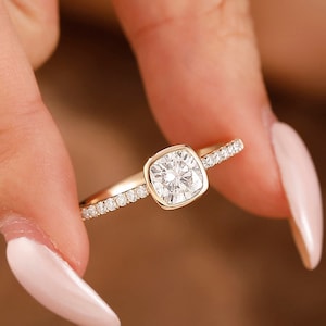 Cushion Cut Moissanite Engagement Ring, 14k Solid Yellow Gold Ring, Bezel Setting Ring, Half Eternity Ring, Bridal Ring, Anniversary Ring