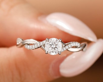 Twisted Bridal Anniversary Ring, Round Cut 0.5CT Moissanite Engagement Ring, Dainty Half Eternity Rope Style Ring, Vintage White Gold Ring