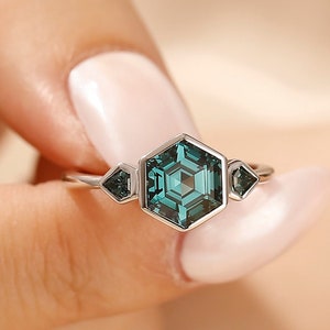Hexagon Cut Blue Green Sapphire Ring, Bezel Set Teal Sapphire Engagement Ring, September Birthstone Women Ring, Anniversary Ring Gift