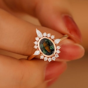 Vintage Teal Sapphire Engagement Ring, Unique Oval Solid Gold Blue Green Sapphire Ring, Genuine Sapphire Wedding Ring, Anniversary Ring