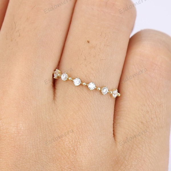 14K Bubble Prong Set Ring, Moissanite Wedding Band, Dainty Yellow Gold Sapphire Stacking Ring, Minimalist Moissanite Band, Thin 6 Stone Band