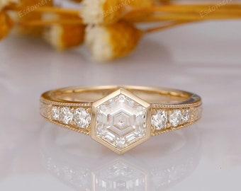 10K Gold Hexagon Cut 1CT Moissanite Engagement Ring, Bezel Set Bridal Wedding Ring, Milgrain Band Anniversary Ring, Art Deco Promise Ring