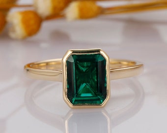 Unique May Birthstone Ring, 3CT Emerald Cut Emerald Engagement Ring, Bezel Set Emerald Anniversary Ring For Women, Vintage Solitaire Ring