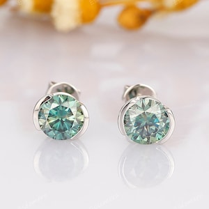 Blue Moissanite Earrings, 1.60CTW Natural Gemstone Earrings, Blue Moissanite Half Bezel Set Earring Studs, 14k White Gold Stud Earrings