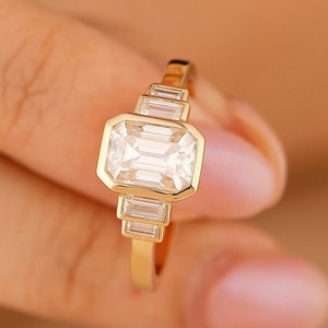 Bezel Set Ring, Emerald Cut Moissanite Engagement Ring, Statement Ring For Her, Baguette Moissanite Accent Ring, Solid Gold Wedding Ring