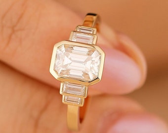 Bezel Set Ring, Emerald Cut Moissanite Engagement Ring, Statement Ring For Her, Baguette Moissanite Accent Ring, Solid Gold Wedding Ring