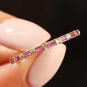 Handmade Dainty Ruby Band Ring, Baguette Ruby Ring Solid Gold, Minimalist Ruby Ring Women, Stacking Ruby Ring, July Birthstone Ring