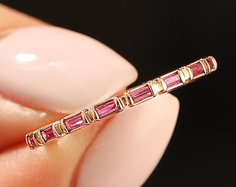 Handmade Dainty Ruby Band Ring, Baguette Ruby Ring Solid Gold, Minimalist Ruby Ring Women, Stacking Ruby Ring, July Birthstone Ring