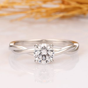 Moissanite Solitaire Ring, Round Cut 1ct Moissanite Engagement Ring, Twist Band, 14K White Gold Moissanite Wedding Ring, Anniversary Ring