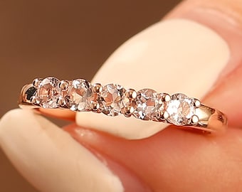Morganite Band, Classic 0.5ctw Round Morganite 5 Stone Wedding Band, Accents Elegant 14k Rose Gold Morganite Wedding Ring, Wedding Band