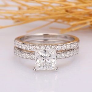 Princess Cut 1.5CT Moissanite Engagement Ring, 14k Solid White Gold Bridal Ring Set, Anniversary Ring, Promise Ring Set, Birthday Gift