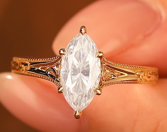 14K Solid Gold Vintage Filigree Marquise Moissanite Ring, Art Deco Yellow Gold Wedding Ring