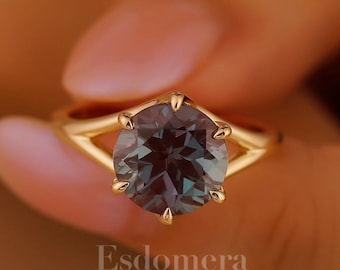 Round Cut 3CT Alexandrite Engagement Ring, Color Change Gemstone Ring, Solitaire Wedding Ring For Women, June Birthstone Ring, Prong Setting