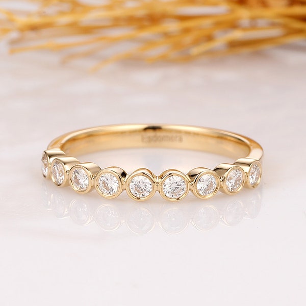 Bubble Style Moissanite Wedding Ring, Half Eternity Wedding Band, Bezel Set Bridal Ring, 14k Yellow Gold Anniversary Ring, Matching Band