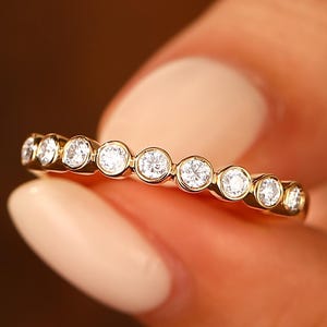 Bubble Style Moissanite Wedding Ring, Half Eternity Wedding Band, Bezel Set Bridal Ring, 14k Yellow Gold Anniversary Ring, Matching Band