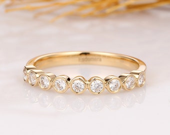 Bubble Style Moissanite Wedding Ring, Half Eternity Wedding Band, Bezel Set Bridal Ring, 14k Yellow Gold Anniversary Ring, Matching Band