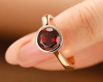 Bezel Set Garnet Ring, Round Cut Natural Red Garnet Wedding