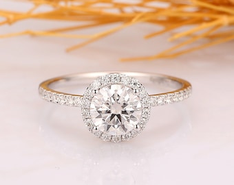 Round Cut 6.5mm Moissanite Engagement Ring, Halo Ring, 14k Solid White Gold Half Eternity Wedding Ring, Promise Anniversary Ring For Her