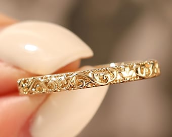 Massiver Goldring mit Blattgold, gravierter Goldring, gravierter Goldring, gravierter Goldring für Paare