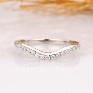 Curved Moissanite Band, Half Eternity Wedding Band, Moissanite Matching Band, 14k White Gold Wedding Ring, Handmade Jewelry, Birthday Gift