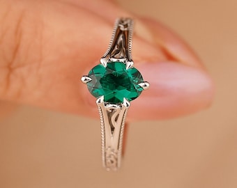 Prong Set Emerald Ring, Vintage Unique Oval Emerald Engagement Ring, Filigree Yellow Gold Anniversary Ring For Women, May Birthstone Ring