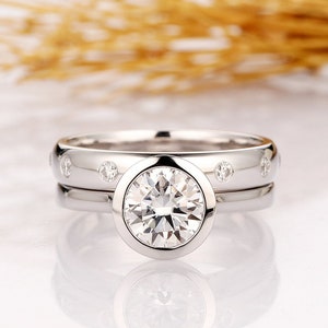 Bezel Ring Setting, Round Cut 1.5ct Moissanite Engagement Ring, 14k White Gold Bridal Ring Set, Moissanite Wedding Band, Mother’s Day Gift
