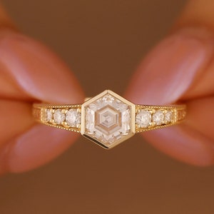 Solid Gold Hexagon Cut Moissanite Engagement Ring, Bezel Set Bridal Wedding Ring, Milgrain Band Anniversary Ring, Art Deco Promise Ring