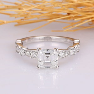 Art Deco Moissanite Ring, Asscher Cut 1.3 CT 6mm Esdomera Moissanite Ring, 14k White Gold Engagement Ring, Vintage Promise Wedding Ring