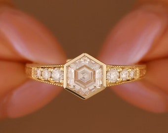 Solid Gold Hexagon Moissanite Engagement Ring, Bezel Set Milgrain Band