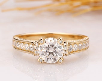 Round Cut 6.5mm Moissanite Engagement Ring, 14k Yellow Gold Moissanite Ring, Art Deco Wedding, Anniversary Ring, Promise Ring, Bridal Ring