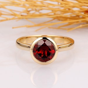 Bezel Set Garnet Ring, Round Cut 1.5CT Natural Red Garnet Wedding Ring, Solitaire Ring, 14k Solid Yellow Gold Engagement Ring, Unique Ring