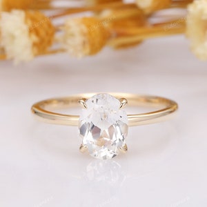 Oval Cut 1.5CT White Sapphire Engagement Ring, 14k Yellow Gold 4 Claw Prongs Anniversary Ring, Sapphire Solitaire Ring, Vintage Bridal Ring