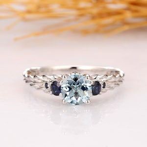 6mm Round Cut Natural Aquamarine Ring, Blue Stone Wedding Ring, Promise Bridal Ring, 14K Solid White Gold Engagement Ring, Bridal Ring