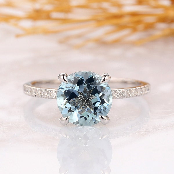 Round Cut 2CT Natural Aquamarine Wedding Ring, 14k White Gold Engagement Ring, Pave Set Half Eternity Bridal Ring, Blue Stone Promise Ring