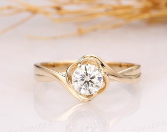 Round Cut 1CT Moissanite Engagement Ring, Flower Style Ring, 14k Solid Yellow Gold Wedding Ring, Promise Ring Anniversary Gift, Bridal Ring